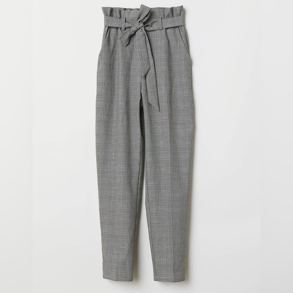 Checkered Grey Long Paper Bag Pants - Picture 1 of 4